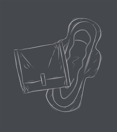 Women sanitary pad packed and unpacked composition drawing on black backgroundのイラスト素材