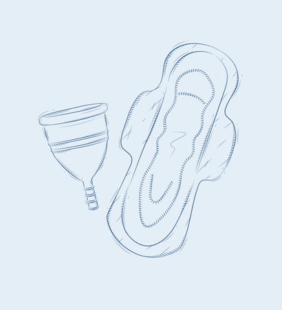 Menstrual cup and women sanitary pad composition drawing on blue backgroundのイラスト素材