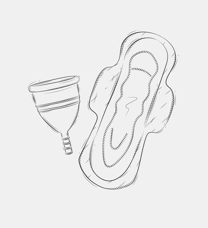 Menstrual cup and women sanitary pad composition drawing on grey backgroundのイラスト素材