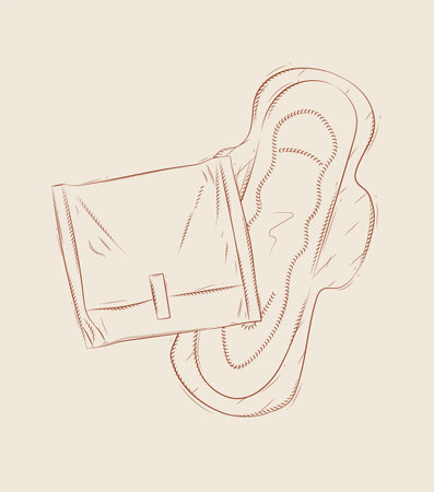 Women sanitary pad packed and unpacked composition drawing on beige backgroundのイラスト素材