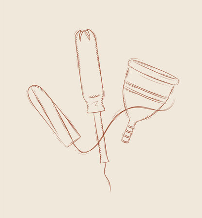 Tampon and menstrual cup composition drawing on beige backgroundのイラスト素材