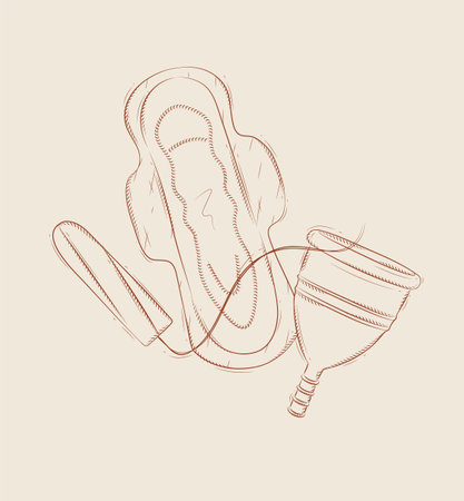 Tampon, women sanitary pad and menstrual cup set drawing on beige backgroundのイラスト素材