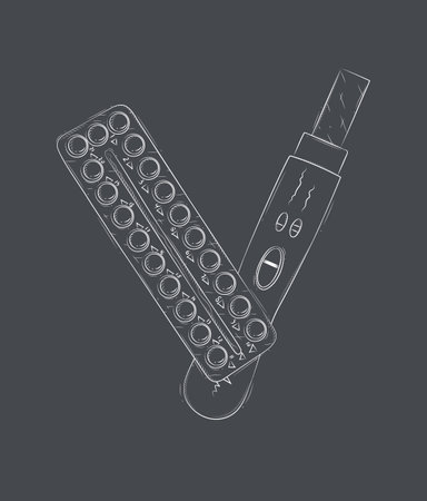 Pregnancy or ovulation test and birth control pills composition drawing on black backgroundのイラスト素材