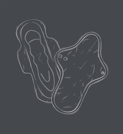Women regular and reusable sanitary pads composition drawing on black backgroundのイラスト素材