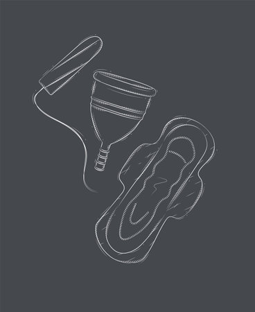 Tampon, women sanitary pad and menstrual cup composition drawing on black backgroundのイラスト素材