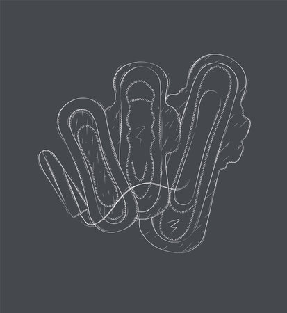 Tampon and types of women sanitary pads composition drawing on black backgroundのイラスト素材