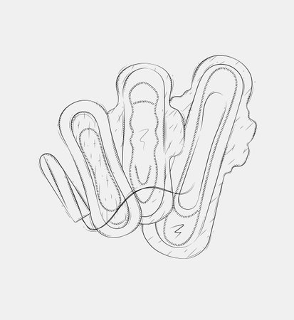 Tampon and types of women sanitary pads composition drawing on grey backgroundのイラスト素材