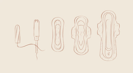 Women sanitary pads and tampons set drawing on beige backgroundのイラスト素材