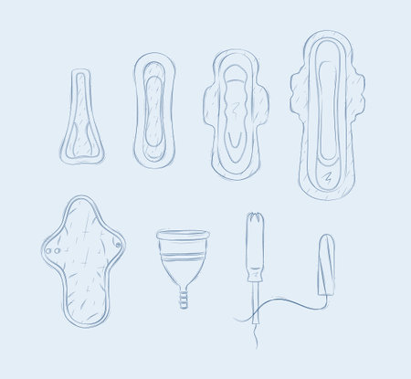 Women periods tools tampon, sanitary pad, menstrual cup drawing on blue backgroundのイラスト素材