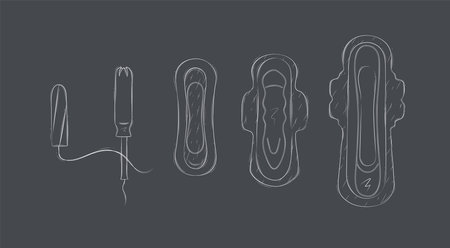 Women sanitary pads and tampons set drawing on black backgroundのイラスト素材