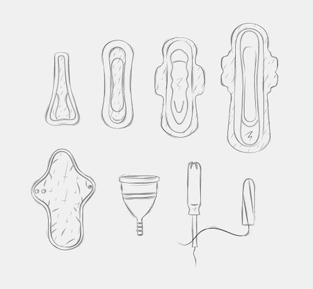 Women periods tools tampon, sanitary pad, menstrual cup drawing on grey backgroundのイラスト素材
