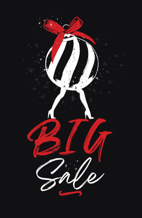 Fashion Christmas tree ball toy on legs with high heels with lettering big sale poster drawing on black backgroundのイラスト素材