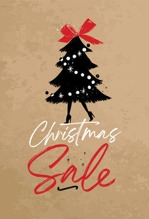 Fashion Christmas tree toy on legs with high heels with lettering sale poster drawing on craft paper backgroundのイラスト素材
