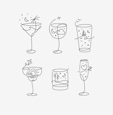 Cocktail glasses vacation holiday theme in line style drawing on grey backgroundのイラスト素材