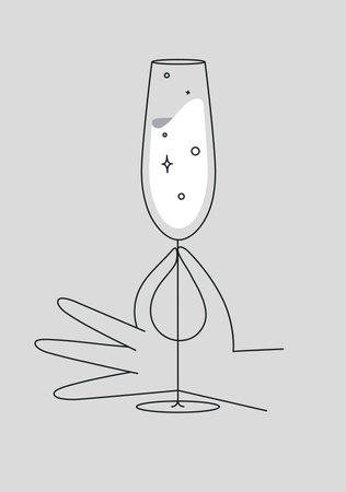 Hand holding glass of champagne drawing in flat line style on grey backgroundのイラスト素材