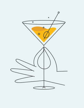 Hand holding glass of cosmopolitan cocktail drawing in flat line style on light backgroundのイラスト素材