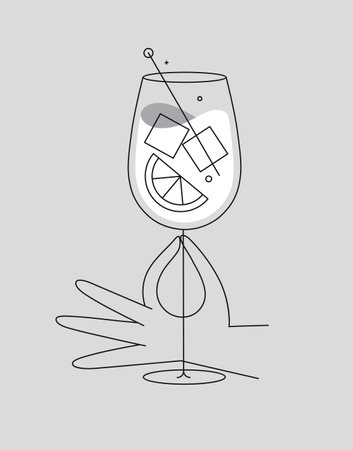 Hand holding glass of sprits cocktail drawing in flat line style on grey backgroundのイラスト素材