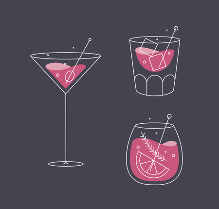 Cocktail glasses cosmopolitan whiskey old fashioned drawing in flat line style on dark blue backgroundのイラスト素材