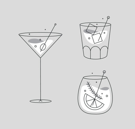 Cocktail glasses cosmopolitan whiskey old fashioned drawing in flat line style on grey backgroundのイラスト素材