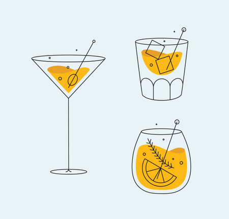 Cocktail glasses cosmopolitan whiskey old fashioned drawing in flat line style on light backgroundのイラスト素材