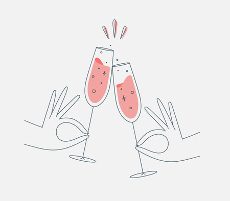 Hand holding champagne clinking glasses drawing in flat line styleのイラスト素材