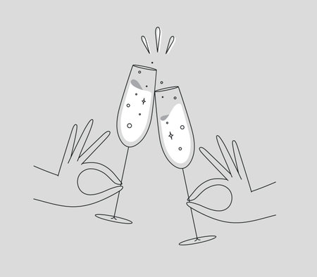 Hand holding champagne clinking glasses drawing in flat line style on grey backgroundのイラスト素材