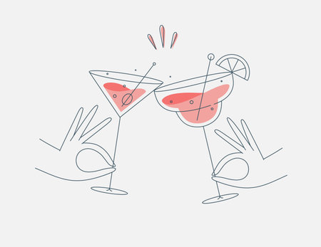 Hand holding margarita and manhattan clinking glasses drawing in flat line styleのイラスト素材