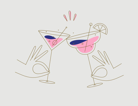 Hand holding margarita and manhattan cocktails clinking glasses drawing in flat line style on beige backgroundのイラスト素材