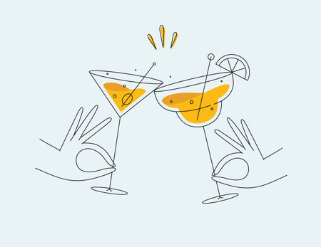 Hand holding margarita and manhattan cocktails clinking glasses drawing in flat line style on light backgroundのイラスト素材