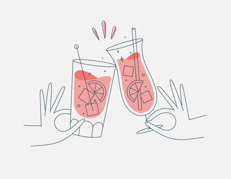 Hand holding pina colada and cuba libre cocktails clinking glasses drawing in flat line styleのイラスト素材