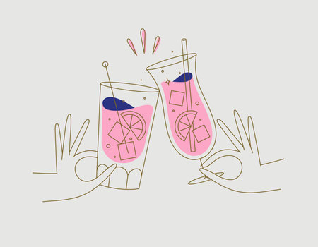 Hand holding pina colada and cuba libre cocktails clinking glasses drawing in flat line style on beige backgroundのイラスト素材