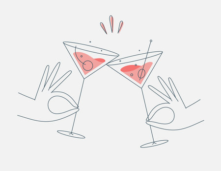 Hand holding cosmopolitan and manhattan cocktails clinking glasses drawing in flat line styleのイラスト素材