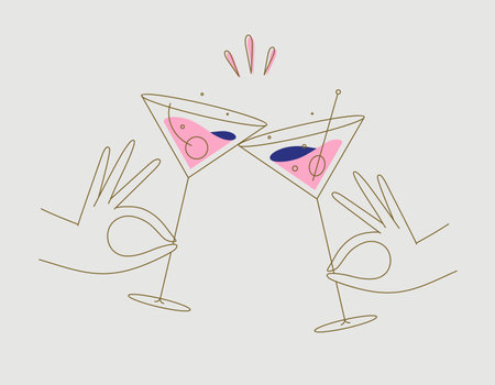 Hand holding cosmopolitan and manhattan cocktails clinking glasses drawing in flat line style on beige backgroundのイラスト素材