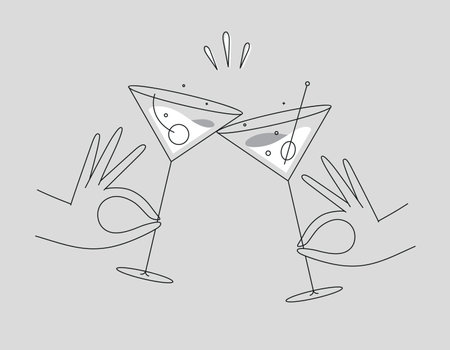 Hand holding cosmopolitan and manhattan cocktails clinking glasses drawing in flat line style on grey backgroundのイラスト素材