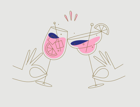 Hand holding margarita and sprits cocktails clinking glasses drawing in flat line style on beige backgroundのイラスト素材