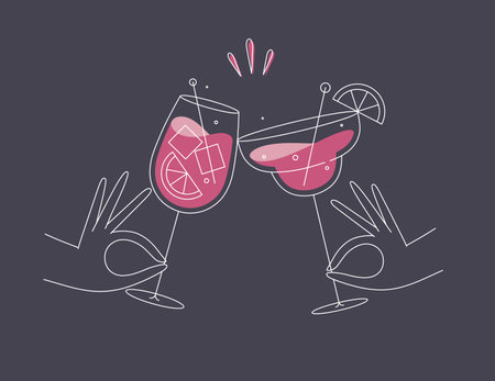 Hand holding margarita and sprits cocktails clinking glasses drawing in flat line style on dark blue backgroundのイラスト素材