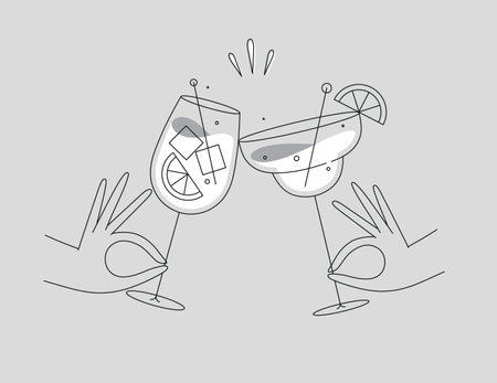 Hand holding margarita and sprits cocktails clinking glasses drawing in flat line style on grey backgroundのイラスト素材