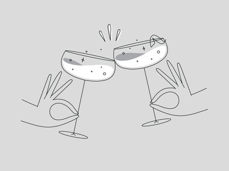 Hand holding daiquiri cocktails clinking glasses drawing in flat line style on grey backgroundのイラスト素材