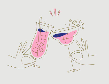 Hand holding pina colada and margarita cocktails clinking glasses drawing in flat line style on beige backgroundのイラスト素材