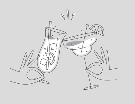 Hand holding pina colada and margarita cocktails clinking glasses drawing in flat line style on grey backgroundのイラスト素材