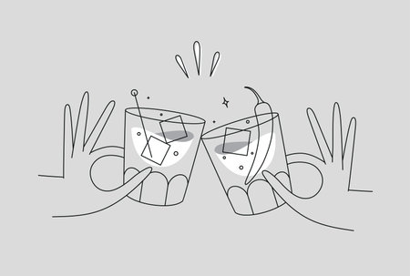 Hand holding whiskey and old fashioned cocktails clinking glasses drawing in flat line style on grey backgroundのイラスト素材