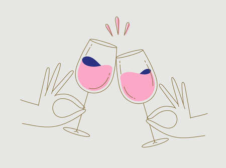 Hand holding wine clinking glasses drawing in flat line style on beige backgroundのイラスト素材