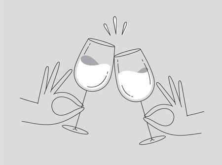 Hand holding wine clinking glasses drawing in flat line style on grey backgroundのイラスト素材