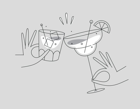 Hand holding whiskey and margarita cocktails clinking glasses drawing in flat line style on grey backgroundのイラスト素材