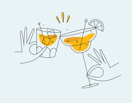 Hand holding whiskey and margarita cocktails clinking glasses drawing in flat line style on light backgroundのイラスト素材