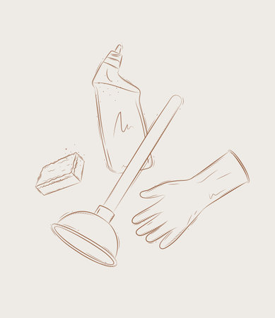 Cleaning bathroom supplies tools accessories cleaner, washcloth, plunger, gloves drawing in graphic style on beige backgroundのイラスト素材