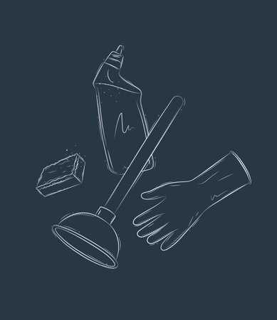 Cleaning bathroom supplies tools accessories cleaner, washcloth, plunger, gloves drawing in graphic style on blue backgroundのイラスト素材