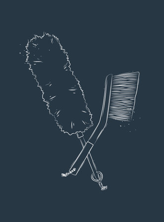 Dust remover tool and brush drawing in graphic style on blue backgroundのイラスト素材