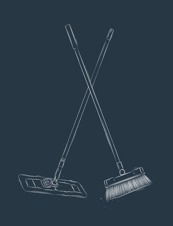 Flat mop and broom drawing in graphic style on blue backgroundのイラスト素材