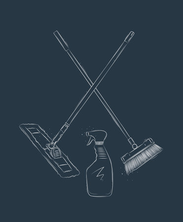 Flat mop, broom and glass cleaner drawing in graphic style on blue backgroundのイラスト素材